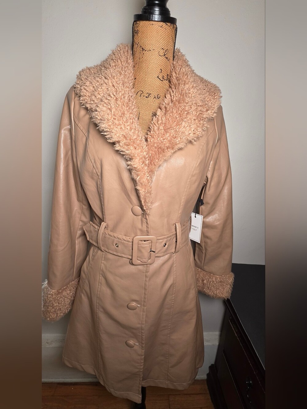 Forever 21 Blush Faux-Leather Trench Coat with Shearling Trim